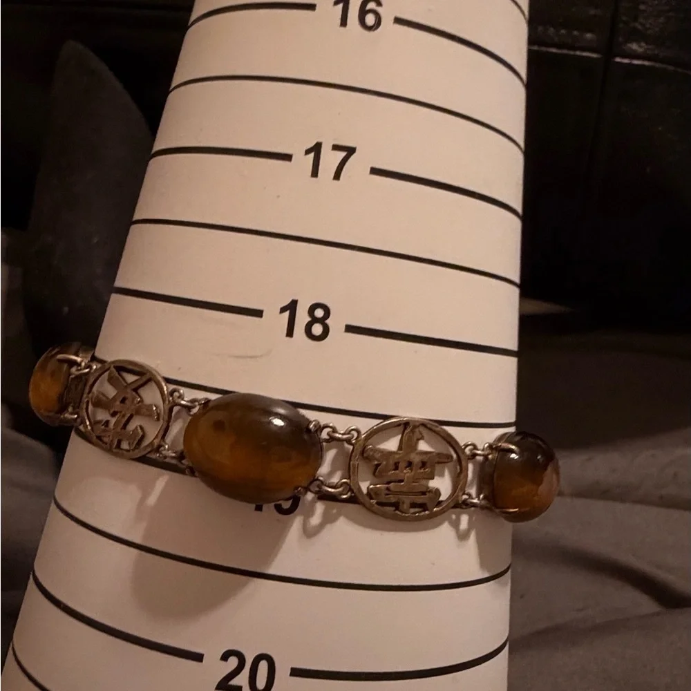Vintage Hong Kong Sterling Silver & Tiger’s Eye Bracelet